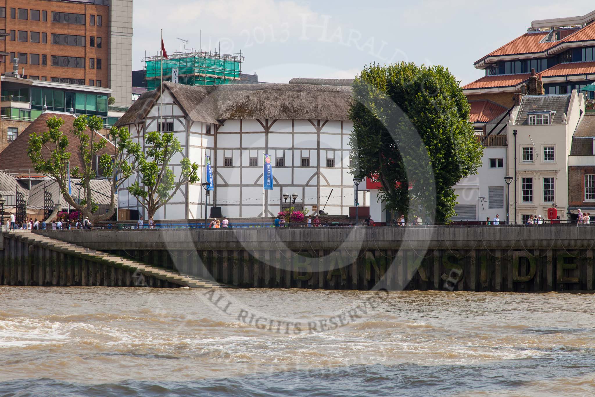 TOW River Thames Barge Driving Race 2013: Shakespeare's Globe Theatre, London SE1, seen from the river..
River Thames between Greenwich and Westminster,
London,

United Kingdom,
on 13 July 2013 at 14:54, image #543