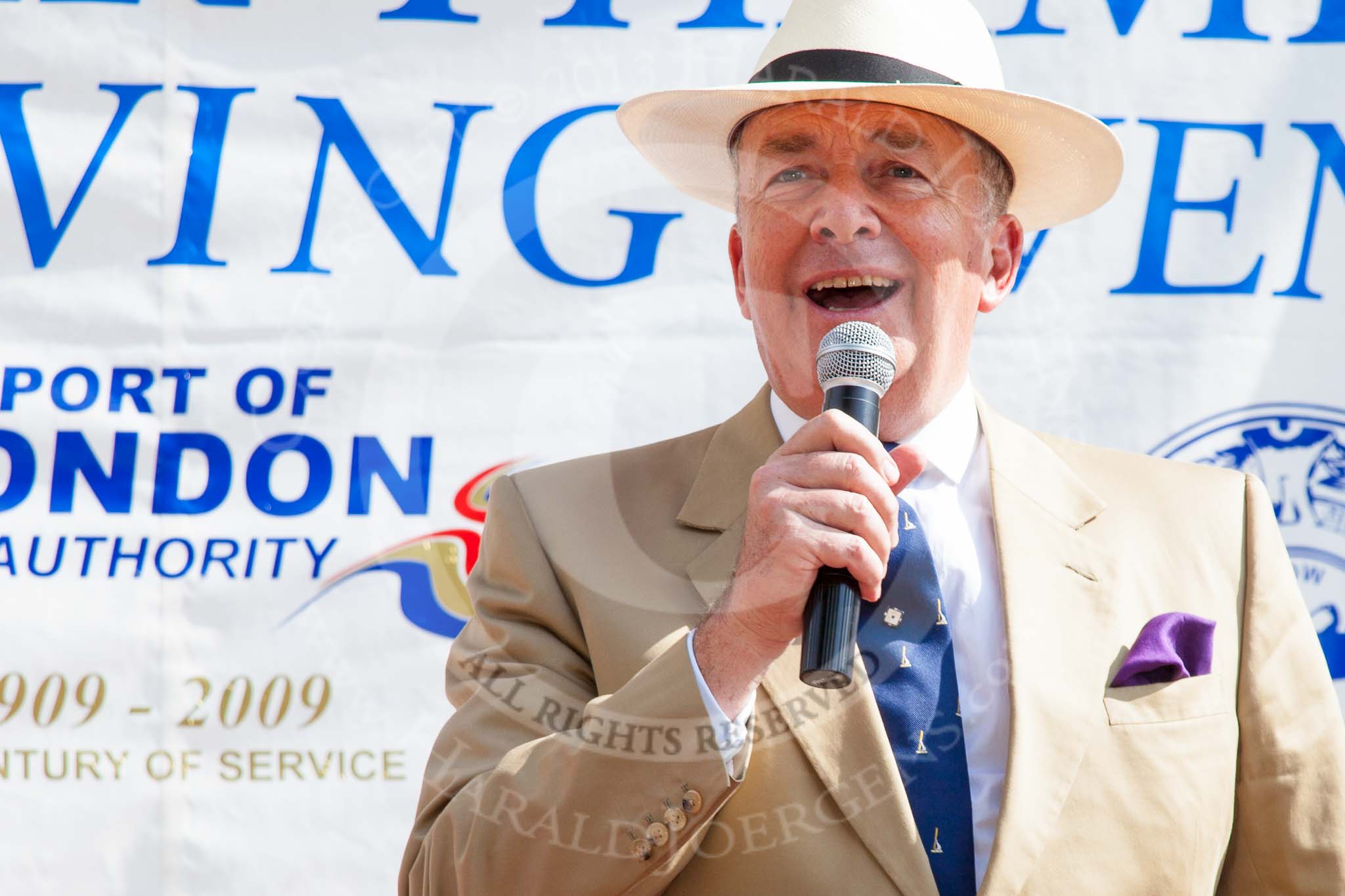 TOW River Thames Barge Driving Race 2013: Admiral Alan West, Baron West of Spithead, Chancellor of Southampton Solent University, former Home Office Under-Secretary of State and former First Sea Lord and Chief of the Naval Staff, as guest of honour before the price-giving..
River Thames between Greenwich and Westminster,
London,

United Kingdom,
on 13 July 2013 at 16:16, image #563