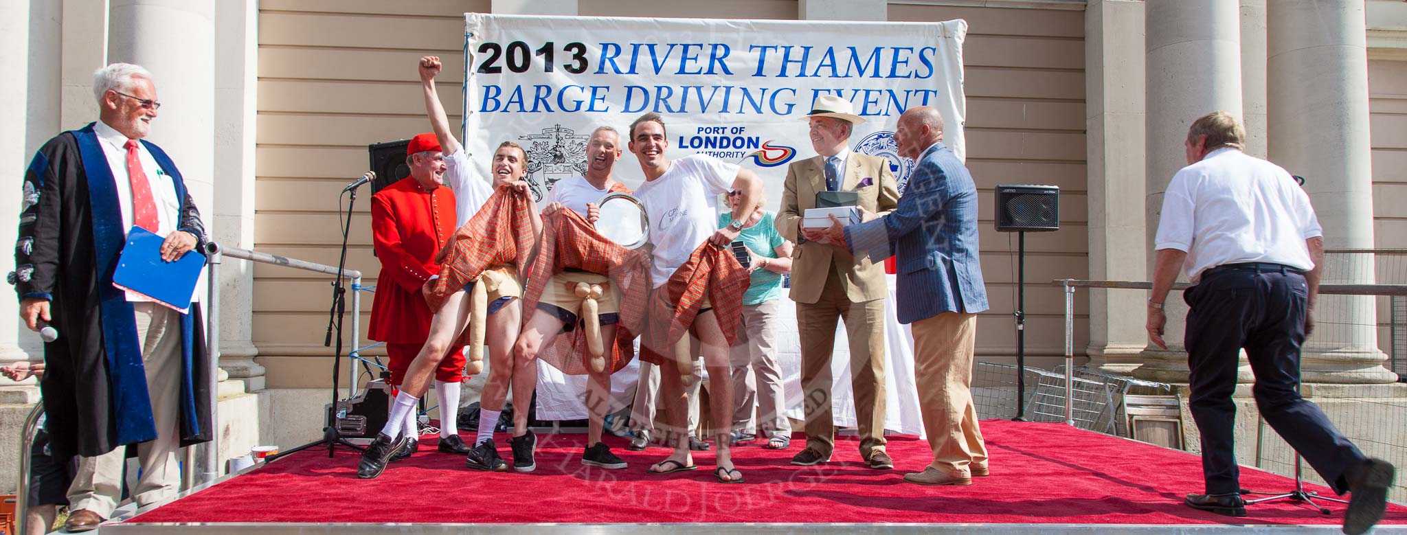 TOW River Thames Barge Driving Race 2013: The "Ken Collins Memorial Trophy", the price for the best dresses crew, goes to the crew of barge "Hoppy", by GPS Fabrication..
River Thames between Greenwich and Westminster,
London,

United Kingdom,
on 13 July 2013 at 16:21, image #569