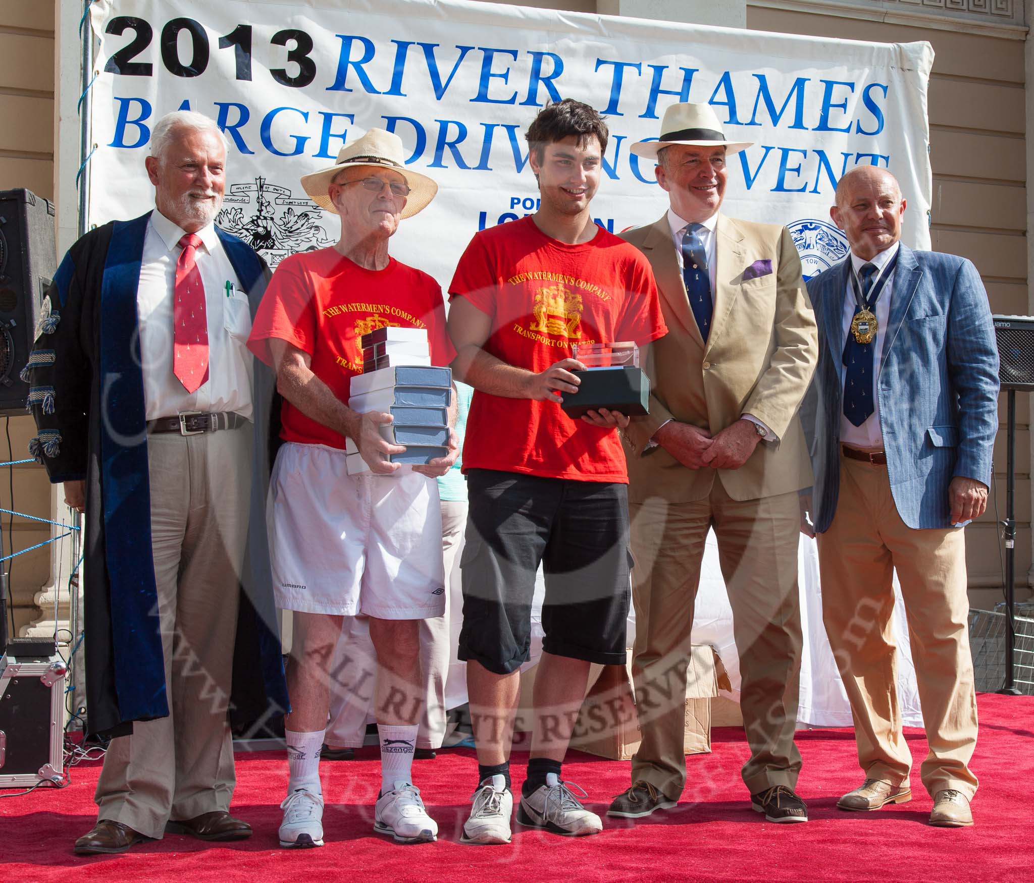 TOW River Thames Barge Driving Race 2013: The "Alan C. Bennet Memorial Trophy", for the best painted barge, goes to the crew of "The Matchgirls" (ex Balfour) by by Unite the Union

..
River Thames between Greenwich and Westminster,
London,

United Kingdom,
on 13 July 2013 at 16:35, image #585