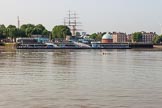 TOW River Thames Barge Driving Race 2013: Greenwich Pier seen from the Isle of Dogs on the northern side of the River Thames. On the right the dome of the Greenwich Foot Tunnel..
River Thames between Greenwich and Westminster,
London,

United Kingdom,
on 13 July 2013 at 08:49, image #3