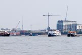 TOW River Thames Barge Driving Race 2013: Barges well before the race, from left barge "The Matchgirls" by Unite the Union, barge "Blackwall", by the Port of London Authority, and barge "Darren Lacey", by Princess Pocahontas..
River Thames between Greenwich and Westminster,
London,

United Kingdom,
on 13 July 2013 at 11:48, image #40