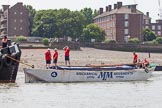 TOW River Thames Barge Driving Race 2013: Barge "Spirit of Mountabatten", by Mechanical Movements and Enabling Services Ltd, with crew before the start of the race..
River Thames between Greenwich and Westminster,
London,

United Kingdom,
on 13 July 2013 at 12:24, image #82
