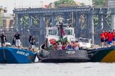 TOW River Thames Barge Driving Race 2013: Barge "Darren Lacey", by Princess Pocahontas, on the left, and barge "Jane", by the RMT union, on the right of tug "Horton", before the start of the race..
River Thames between Greenwich and Westminster,
London,

United Kingdom,
on 13 July 2013 at 12:26, image #84