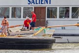 TOW River Thames Barge Driving Race 2013: Barge "Spirit of Mountabatten", by Mechanical Movements and Enabling Services Ltd, before the start of the race. In front GPS Marine tug "Vincia", behind passenger boat "Salieni"..
River Thames between Greenwich and Westminster,
London,

United Kingdom,
on 13 July 2013 at 12:33, image #92