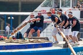 TOW River Thames Barge Driving Race 2013: The crew of barge "Darren Lacey", by Princess Pocahontas, rowing the barge from the start..
River Thames between Greenwich and Westminster,
London,

United Kingdom,
on 13 July 2013 at 12:35, image #108