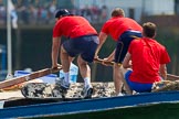 TOW River Thames Barge Driving Race 2013: Rowers on the deck of barge "Jane", by the RMT Union, during the race..
River Thames between Greenwich and Westminster,
London,

United Kingdom,
on 13 July 2013 at 12:37, image #134