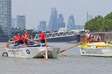 TOW River Thames Barge Driving Race 2013: Barge "Hoppy", by GPS Fabrication, approaching Masthouse Terrace Pier. On the left barge "Spirit of Mountabatten", by Mechanical Movements and Enabling Services Ltd. In the background the skyscrapers of the City of London..
River Thames between Greenwich and Westminster,
London,

United Kingdom,
on 13 July 2013 at 12:41, image #170