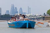 TOW River Thames Barge Driving Race 2013: Rear view of barge "Darren Lacey", by Princess Pocahontas, during the race, approaching Masthouse Terrace Pier. In the background the skyscrapers of the City of London, including the "Gherkin". On the right of "Darren Lacey" is barge "Spirit of Mountabatten", by Mechanical Movements and Enabling Services Ltd..
River Thames between Greenwich and Westminster,
London,

United Kingdom,
on 13 July 2013 at 12:41, image #176