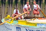 TOW River Thames Barge Driving Race 2013: rowers wearing skirts on the deck of of barge "Hoppy" by GPS Fabrication..
River Thames between Greenwich and Westminster,
London,

United Kingdom,
on 13 July 2013 at 12:48, image #217