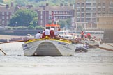 TOW River Thames Barge Driving Race 2013: Barge "Hoppy", by GPS Fabrication. Some distance behind barge "Shell Bay" by South Dock Marina..
River Thames between Greenwich and Westminster,
London,

United Kingdom,
on 13 July 2013 at 12:50, image #233