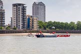 TOW River Thames Barge Driving Race 2013: Barge "Spirit of Mountabatten", by Mechanical Movements and Enabling Services Ltd, followed by barge "Jane", by the RMT Union. In front barge "Benjamin", by London Party Boats..
River Thames between Greenwich and Westminster,
London,

United Kingdom,
on 13 July 2013 at 13:06, image #274
