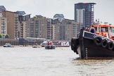 TOW River Thames Barge Driving Race 2013: Barge "Benjamin", by London Party Boats, followed by barge "Spirit of Mountabatten", by Mechanical Movements and Enabling Services Ltd. On the right GPS Marine tug "GPS Vincia"..
River Thames between Greenwich and Westminster,
London,

United Kingdom,
on 13 July 2013 at 13:11, image #286