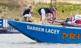 TOW River Thames Barge Driving Race 2013: Rowers at the bow of barge "Darren Lacey", by Princess Pocahontas, during the race..
River Thames between Greenwich and Westminster,
London,

United Kingdom,
on 13 July 2013 at 13:13, image #289