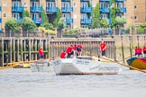 TOW River Thames Barge Driving Race 2013: Barge barge "Shell Bay", by South Dock Marina, followed by barge "Spirit of Mountabatten", by Mechanical Movements and Enabling Services Ltd, on the left, and barge "Jane", by the RMT Union, on the right..
River Thames between Greenwich and Westminster,
London,

United Kingdom,
on 13 July 2013 at 13:27, image #350