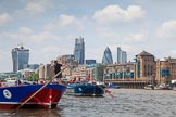 TOW River Thames Barge Driving Race 2013: Barge "Steve Faldo" by Capital Pleasure Boats, and barge "Diana", by Trinity Buoy Wharf, approaching Tower Bridge, In the background the Walkie Talkie- and the Gherkin building..
River Thames between Greenwich and Westminster,
London,

United Kingdom,
on 13 July 2013 at 13:35, image #368