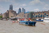 TOW River Thames Barge Driving Race 2013: Barge "Diana", by Trinity Buoy Wharf, approaching "HMS President" on the right, with the "Gherkin" buiilding behind..
River Thames between Greenwich and Westminster,
London,

United Kingdom,
on 13 July 2013 at 13:36, image #369