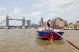 TOW River Thames Barge Driving Race 2013: Barge "Steve Faldo" by Capital Pleasure Boats, approaching Tower Bridge..
River Thames between Greenwich and Westminster,
London,

United Kingdom,
on 13 July 2013 at 13:39, image #373
