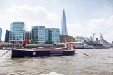 TOW River Thames Barge Driving Race 2013: Barge "Blackwall", by the Port of London Authority, approaching HMS Belfast, with the Shard building behind..
River Thames between Greenwich and Westminster,
London,

United Kingdom,
on 13 July 2013 at 13:46, image #392