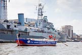 TOW River Thames Barge Driving Race 2013: Barge "Steve Faldo", by Capital Pleasure Boats, passing HMS Belfast..
River Thames between Greenwich and Westminster,
London,

United Kingdom,
on 13 July 2013 at 13:47, image #393