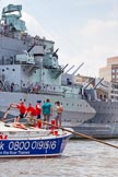 TOW River Thames Barge Driving Race 2013: Barge "Steve Faldo", by Capital Pleasure Boats, passing HMS Belfast..
River Thames between Greenwich and Westminster,
London,

United Kingdom,
on 13 July 2013 at 13:47, image #394