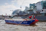 TOW River Thames Barge Driving Race 2013: Barge "Steve Faldo", by Capital Pleasure Boats, passing HMS Belfast..
River Thames between Greenwich and Westminster,
London,

United Kingdom,
on 13 July 2013 at 13:47, image #396