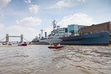 TOW River Thames Barge Driving Race 2013: HMS Belfast, with the Tower Bridge behind, and barge "Steve Faldo" by Capital Pleasure Boats approaching..
River Thames between Greenwich and Westminster,
London,

United Kingdom,
on 13 July 2013 at 13:48, image #397