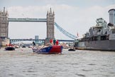 TOW River Thames Barge Driving Race 2013: Barge "Steve Faldo" by Capital Pleasure Boats, followed by barge "Blackwall", by the Port of London Authority, passing HMS Belfast, with Tower Bridge in the background..
River Thames between Greenwich and Westminster,
London,

United Kingdom,
on 13 July 2013 at 13:48, image #398
