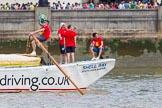 TOW River Thames Barge Driving Race 2013: Barge ""Shell Bay" by South Dock Marina, approaching the finish of the race at Westminster Bridge..
River Thames between Greenwich and Westminster,
London,

United Kingdom,
on 13 July 2013 at 14:24, image #447