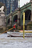 TOW River Thames Barge Driving Race 2013: Barge ""Shell Bay" by South Dock Marina,  crosses the finish of the race at Westminster Bridge..
River Thames between Greenwich and Westminster,
London,

United Kingdom,
on 13 July 2013 at 14:24, image #451