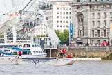 TOW River Thames Barge Driving Race 2013: Barge "Spirit of Mountabatten", by Mechanical Movements and Enabling Services Ltd, at the London Eye, close to the finish of the race at Westminster Bridge..
River Thames between Greenwich and Westminster,
London,

United Kingdom,
on 13 July 2013 at 14:25, image #455