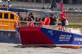 TOW River Thames Barge Driving Race 2013: Barge "Steve Faldo" by Capital Pleasure Boats, behind the finish line at Westminster Bridge, ready to be towed back to Greenwich by tug "Bulldog". Behind them is MV Havengore, hosting VIP guests..
River Thames between Greenwich and Westminster,
London,

United Kingdom,
on 13 July 2013 at 14:33, image #485