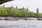 TOW River Thames Barge Driving Race 2013: Barge "Steve Faldo" by Capital Pleasure Boats, behind the finish line at Westminster Bridge, ready to be towed back to Greenwich by tug "Bulldog"..
River Thames between Greenwich and Westminster,
London,

United Kingdom,
on 13 July 2013 at 14:33, image #487