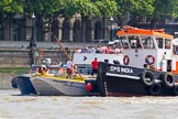 TOW River Thames Barge Driving Race 2013: GPS Marine tug "GPS India", barge "Hoppy", by GPS Fabrication, and barge "Benjamin", by London Party Boats, behind the fiish line of the race at Westminster Bridge..
River Thames between Greenwich and Westminster,
London,

United Kingdom,
on 13 July 2013 at 14:35, image #488