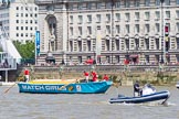 TOW River Thames Barge Driving Race 2013: Barge "The Matchgirls", by Unite the Union, at the London Aquarium, close to the race finish at Westminster Bridge..
River Thames between Greenwich and Westminster,
London,

United Kingdom,
on 13 July 2013 at 14:35, image #489
