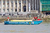 TOW River Thames Barge Driving Race 2013: Barge "The Matchgirls", by Unite the Union, at the London Aquarium, close to the race finish at Westminster Bridge..
River Thames between Greenwich and Westminster,
London,

United Kingdom,
on 13 July 2013 at 14:35, image #492