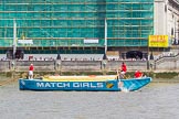 TOW River Thames Barge Driving Race 2013: Barge "The Matchgirls", by Unite the Union, at the London Aquarium, approaching the race finish at Westminster Bridge..
River Thames between Greenwich and Westminster,
London,

United Kingdom,
on 13 July 2013 at 14:36, image #494