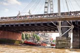TOW River Thames Barge Driving Race 2013: Tug "Aicirton" pulling barge "Jane", by the RMT Union, through Hungerford Bridge, in front of the London Eye..
River Thames between Greenwich and Westminster,
London,

United Kingdom,
on 13 July 2013 at 14:46, image #522