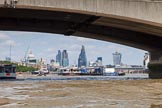 TOW River Thames Barge Driving Race 2013: The London sklyline, seen from the river through Waterloo Bridge, with St. Pauls, the Gherkin, Cheesegrater, and Walkie Talkie..
River Thames between Greenwich and Westminster,
London,

United Kingdom,
on 13 July 2013 at 14:47, image #525