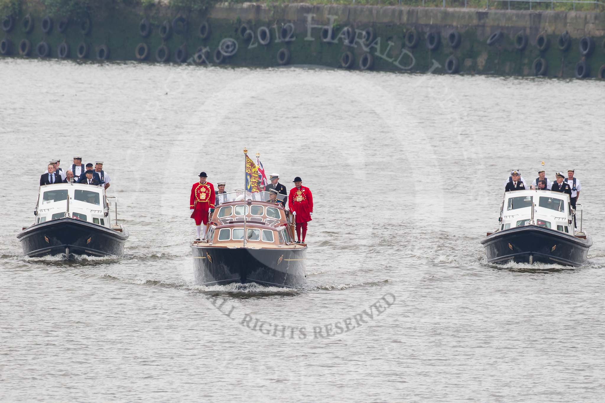 Thames Diamond Jubilee Pageant: VIPS-Britannia Royal Barge (V59) , Britannia Escort Boat No.2 (V60) and Britannia Escort Boat No.1 (V58).
River Thames seen from Battersea Bridge,
London,

United Kingdom,
on 03 June 2012 at 14:23, image #19