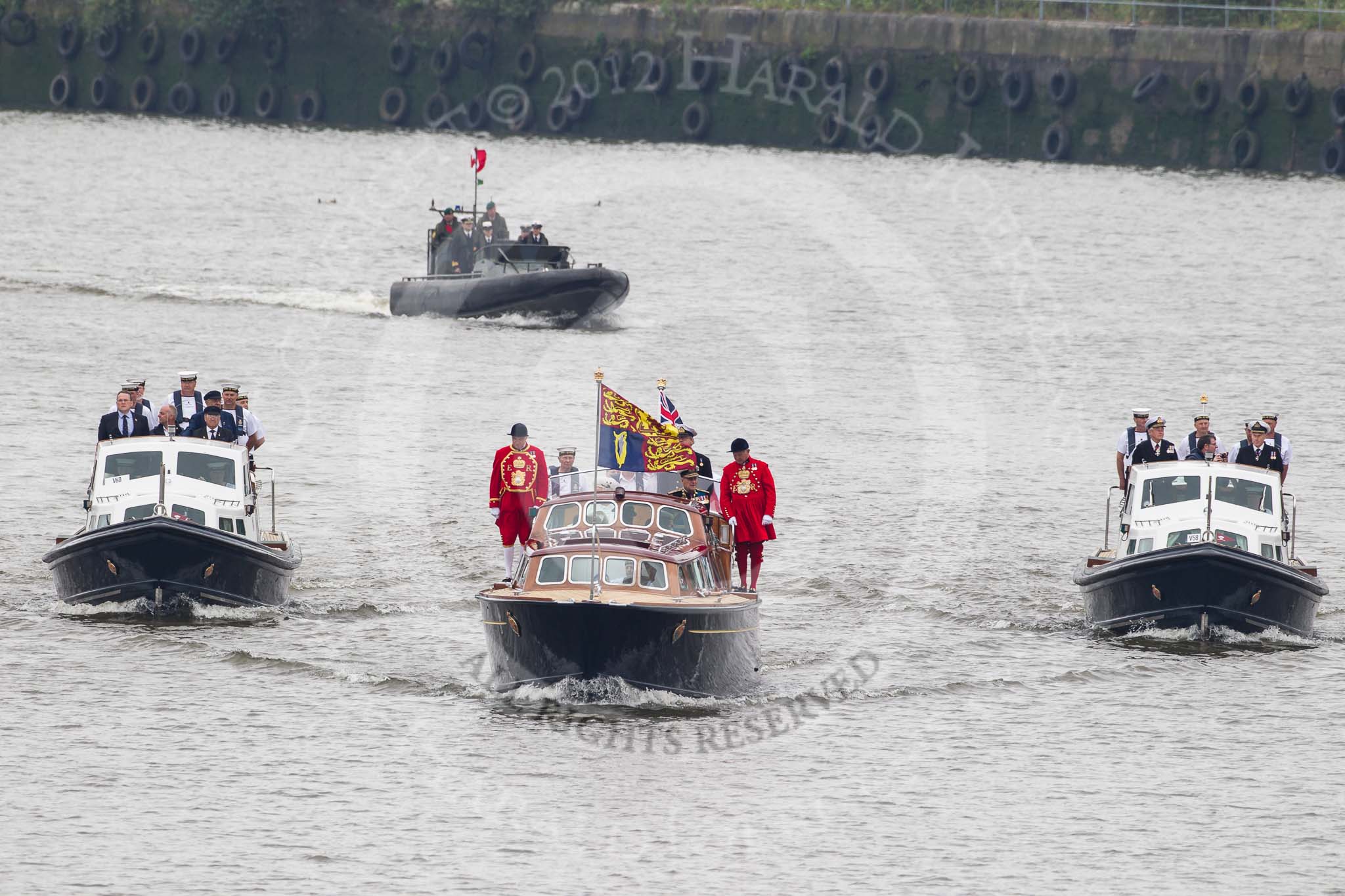 Thames Diamond Jubilee Pageant: VIPS-Britannia Royal Barge (V59) , Britannia Escort Boat No.2 (V60) and Britannia Escort Boat No.1 (V58).
River Thames seen from Battersea Bridge,
London,

United Kingdom,
on 03 June 2012 at 14:23, image #20