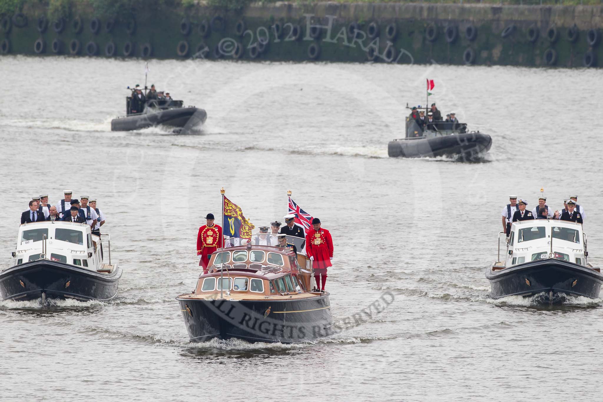 Thames Diamond Jubilee Pageant: VIPS-Britannia Royal Barge (V59) , Britannia Escort Boat No.2 (V60) and Britannia Escort Boat No.1 (V58).
River Thames seen from Battersea Bridge,
London,

United Kingdom,
on 03 June 2012 at 14:23, image #21