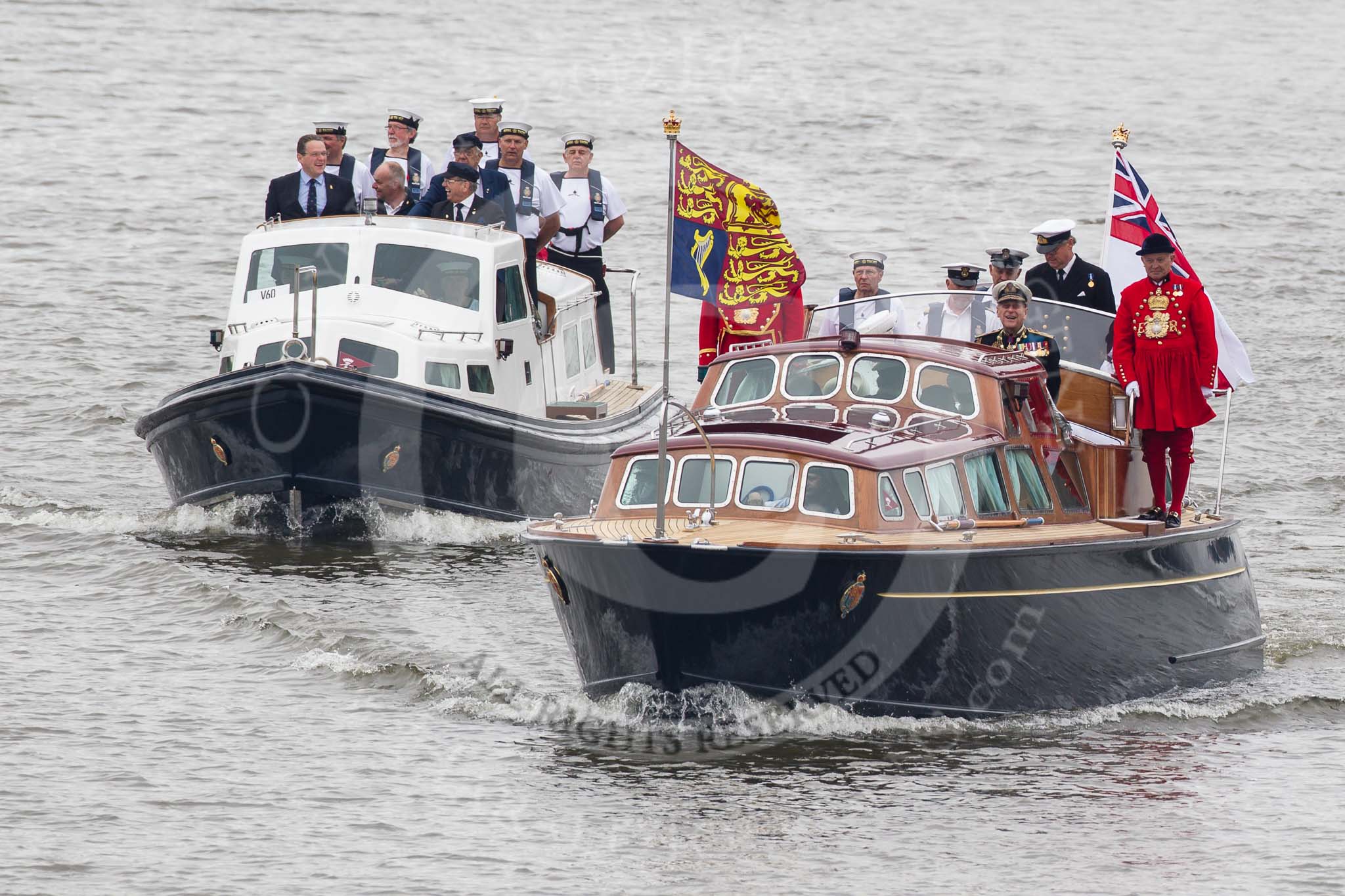 Thames Diamond Jubilee Pageant: VIPS-Britannia Royal Barge (V59) and Britannia Escort Boat No.2 (V60)..
River Thames seen from Battersea Bridge,
London,

United Kingdom,
on 03 June 2012 at 14:23, image #25