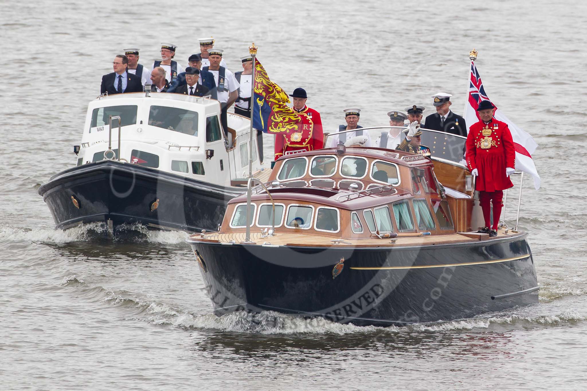 Thames Diamond Jubilee Pageant: VIPS-Britannia Royal Barge (V59) and Britannia Escort Boat No.2 (V60)..
River Thames seen from Battersea Bridge,
London,

United Kingdom,
on 03 June 2012 at 14:23, image #26