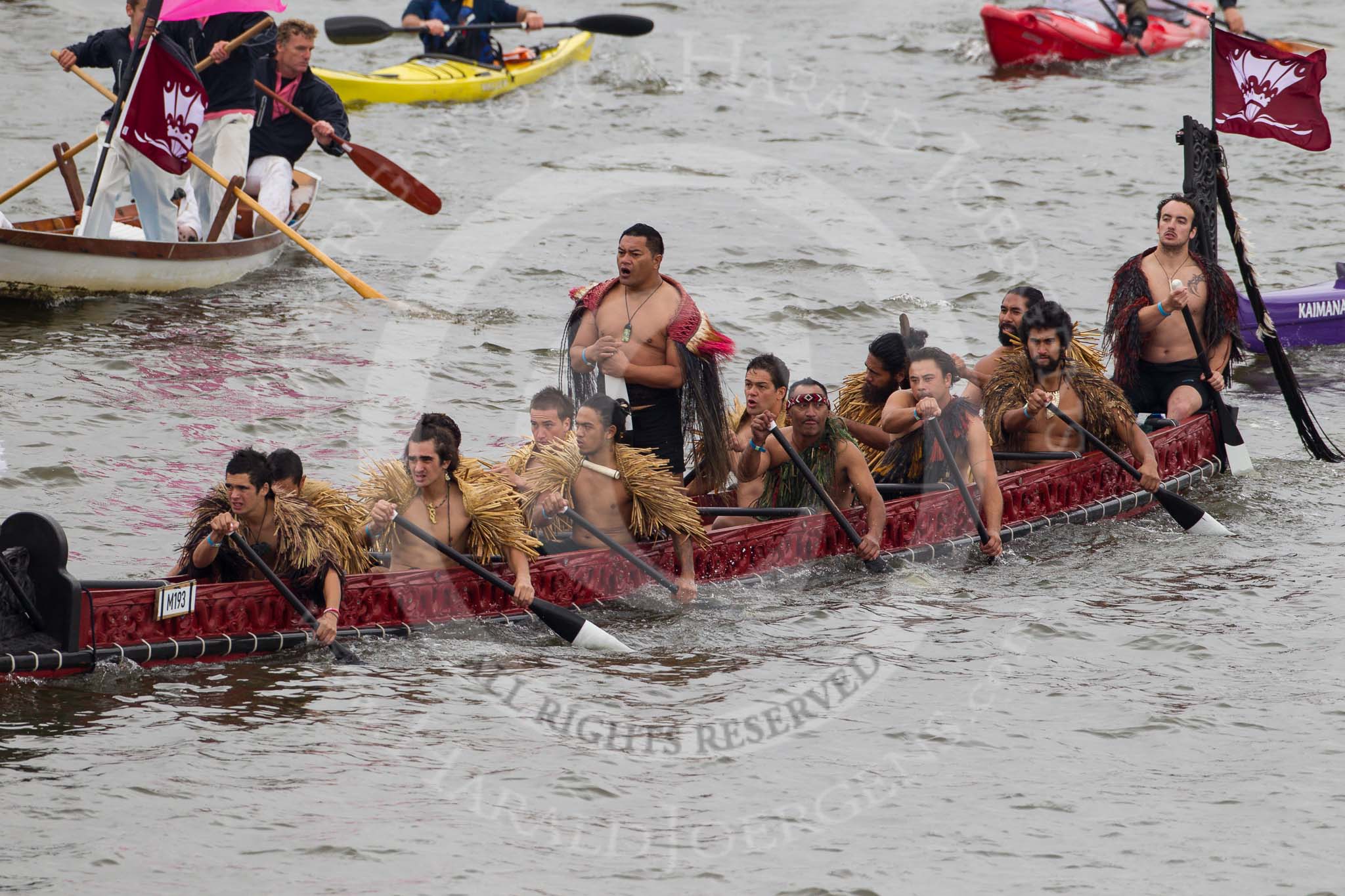 Thames Diamond Jubilee Pageant: WAKA & CANOE-Te Hono ki Aoteroa
 (New Zealand) (M193)..
River Thames seen from Battersea Bridge,
London,

United Kingdom,
on 03 June 2012 at 14:49, image #139