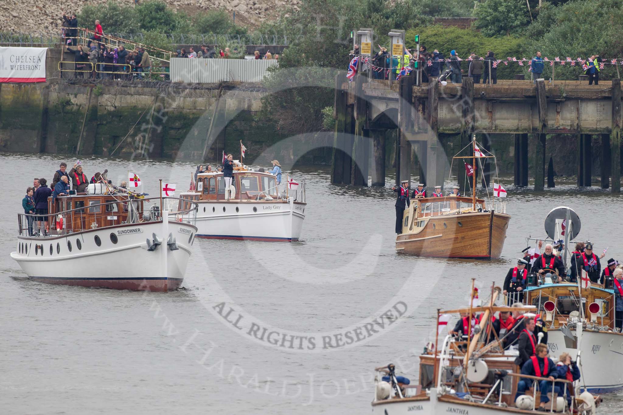 Thames Diamond Jubilee Pageant: DUNKIRK LITTLE SHIPS-Sundowner(H11), Lady Gay (H18) and Latona (H14)..
River Thames seen from Battersea Bridge,
London,

United Kingdom,
on 03 June 2012 at 15:10, image #253