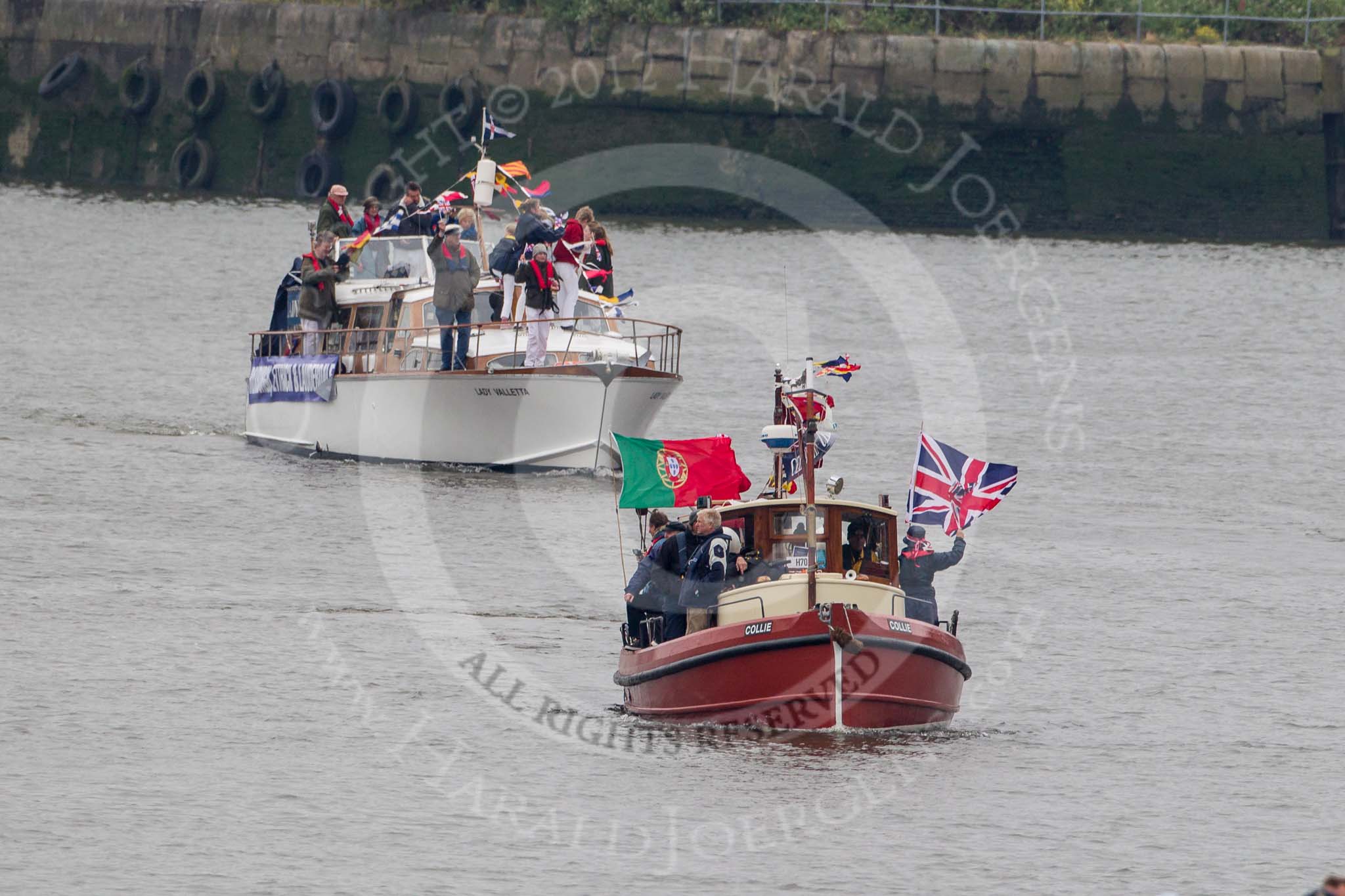 Thames Diamond Jubilee Pageant: FORCES-Collie (H70) and MOTOR CRUISES/YACHTS Lady Valletta (Roxburgh, Ettrick & Lauderdale) (H76)..
River Thames seen from Battersea Bridge,
London,

United Kingdom,
on 03 June 2012 at 15:23, image #340