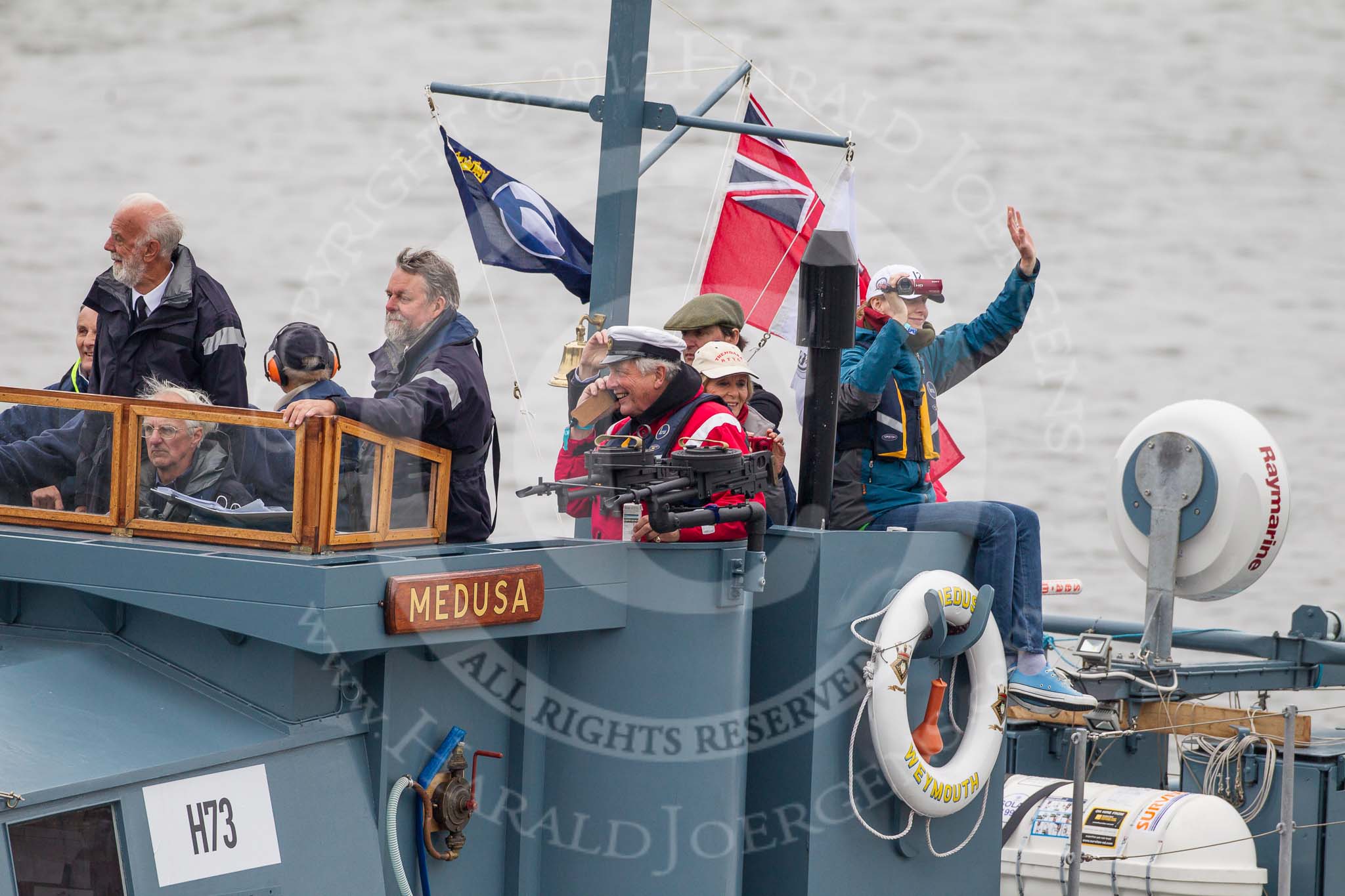 Thames Diamond Jubilee Pageant: H73 - HMS Medusa (ML 1387), a navy harbour defence launch built in 1943. She served in the D-Day landings, marking an approach channel to Omaha Beach, and was renamed BDB 76 in 1946, SDML 3516 in 1949 and Medusa in 1961..
River Thames seen from Battersea Bridge,
London,

United Kingdom,
on 03 June 2012 at 15:26, image #352