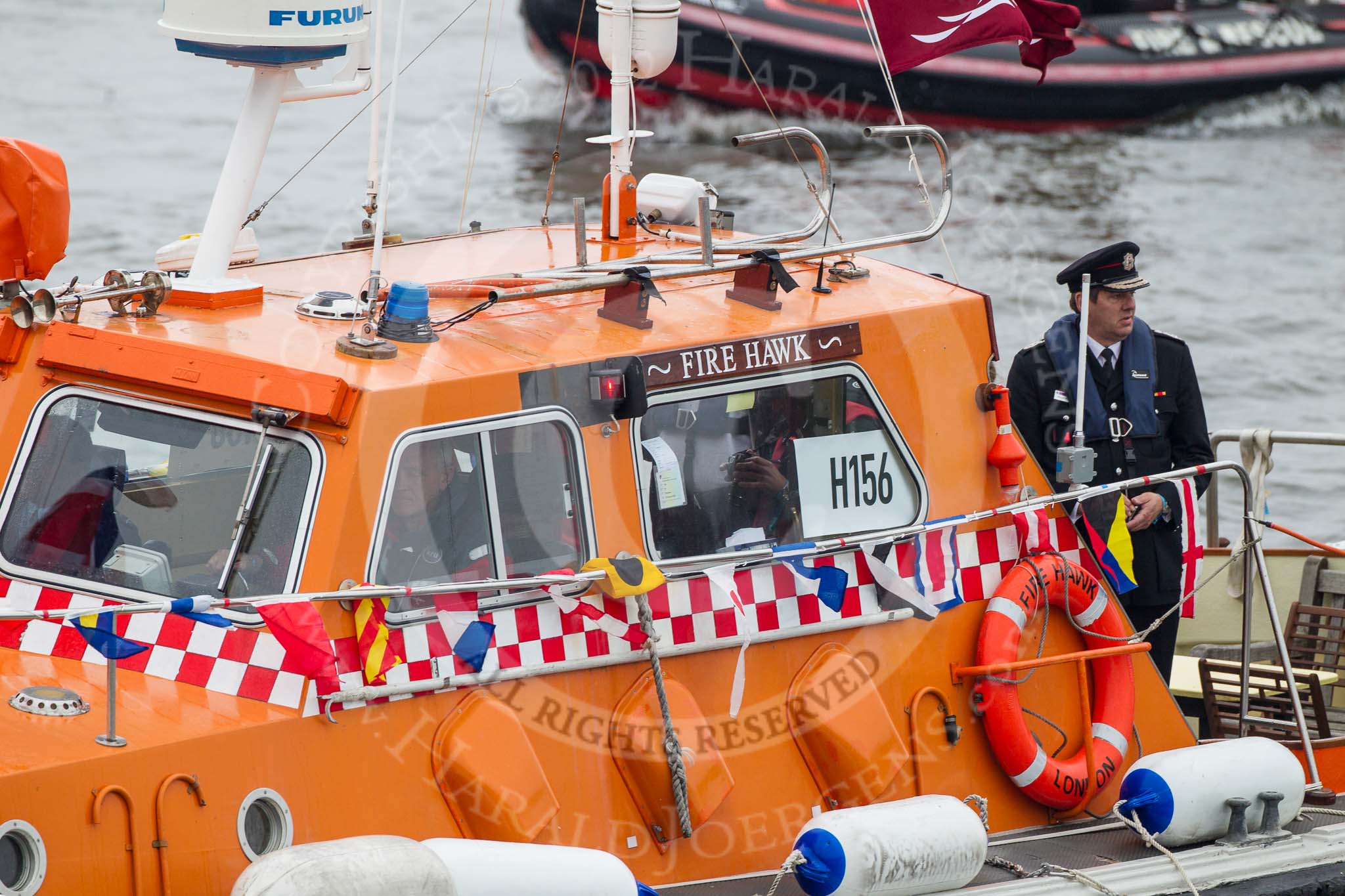 Thames Diamond Jubilee Pageant: FIREBOATS-Fire Hawk (H156)..
River Thames seen from Battersea Bridge,
London,

United Kingdom,
on 03 June 2012 at 15:38, image #411