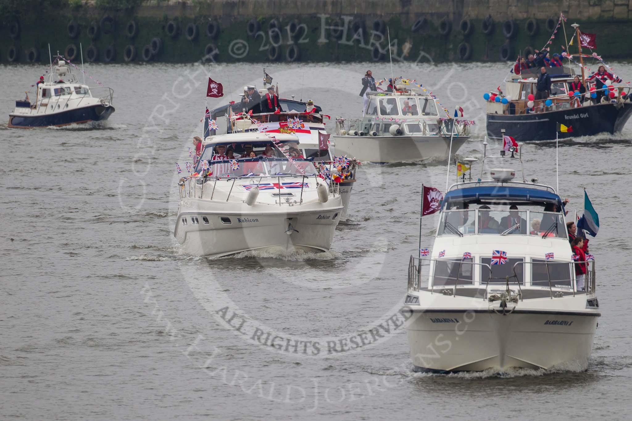 Thames Diamond Jubilee Pageant: RECREATIONAL MOTOR BOATS- Barbina K (R3) and Rubicon (R7)..
River Thames seen from Battersea Bridge,
London,

United Kingdom,
on 03 June 2012 at 15:40, image #415